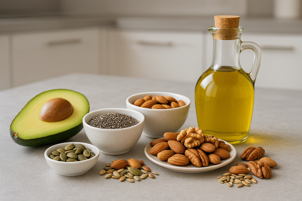Alimentos con grasas saludables como aguacate, semillas, nueces y aceite de oliva, que ayudan a mejorar el colesterol bueno y controlar los niveles de glucosa según las recomendaciones de Endocrinea.
