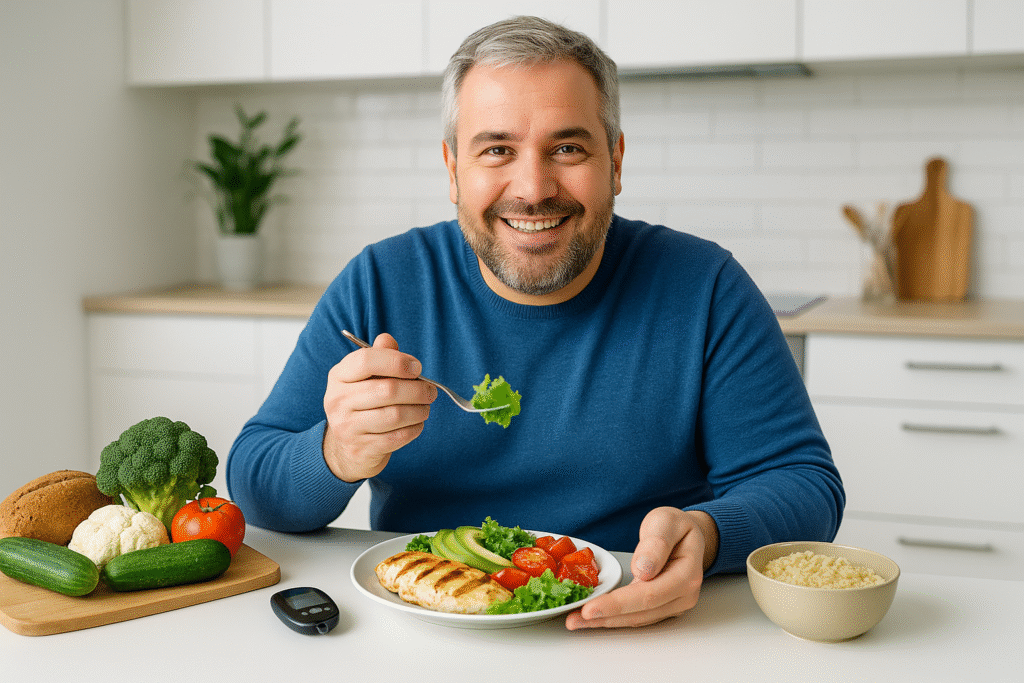 Hombre adulto con ligero sobrepeso disfrutando una comida saludable rica en vegetales y proteínas, como parte de una nutrición inteligente para mantener estables los niveles de glucosa, en Endocrinea.